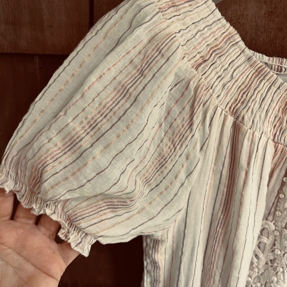 Chloe Laetitia Paris L Peasant Striped Gauze Romper Lace  Crochet Off Shoulder - Picture 2 of 16